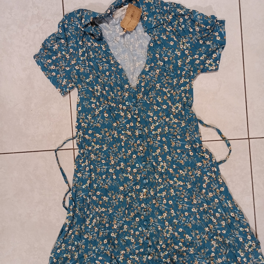 NATURAL LIFE Teal Floral Wrap Dress with White & Yellow Blossoms